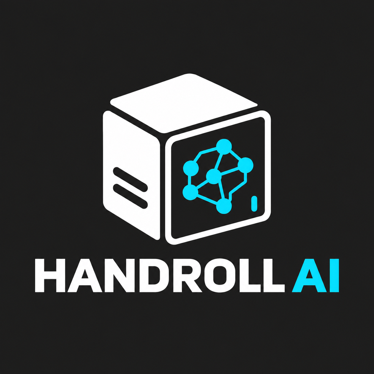 Handroll AI brand artwork: a white appliance symbol with a cyan network motif